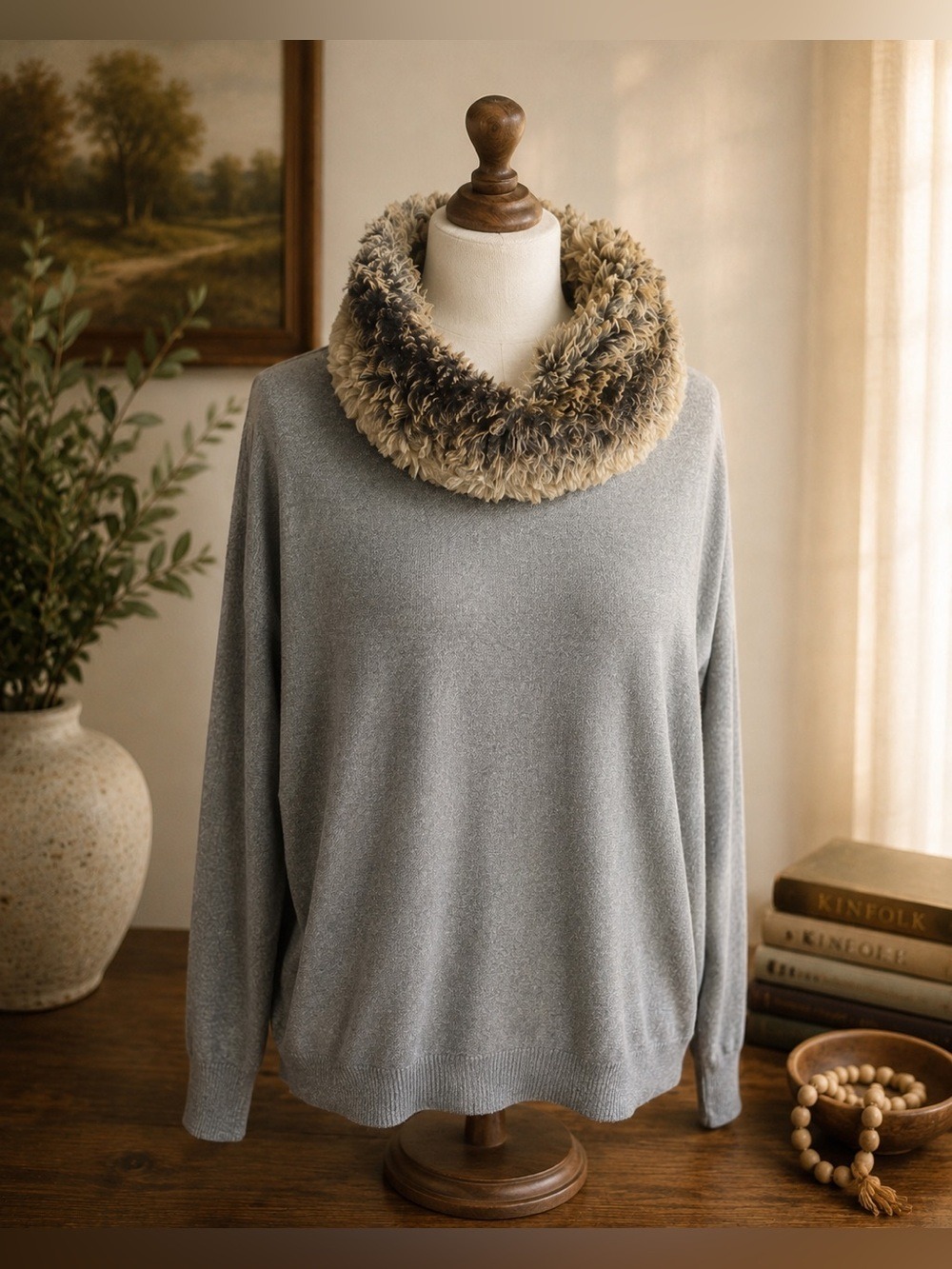 Oversized Grey Sweater Plush Faux Fur Cowl Neck Cozy Slouchy Tunic • Cozy Comfy